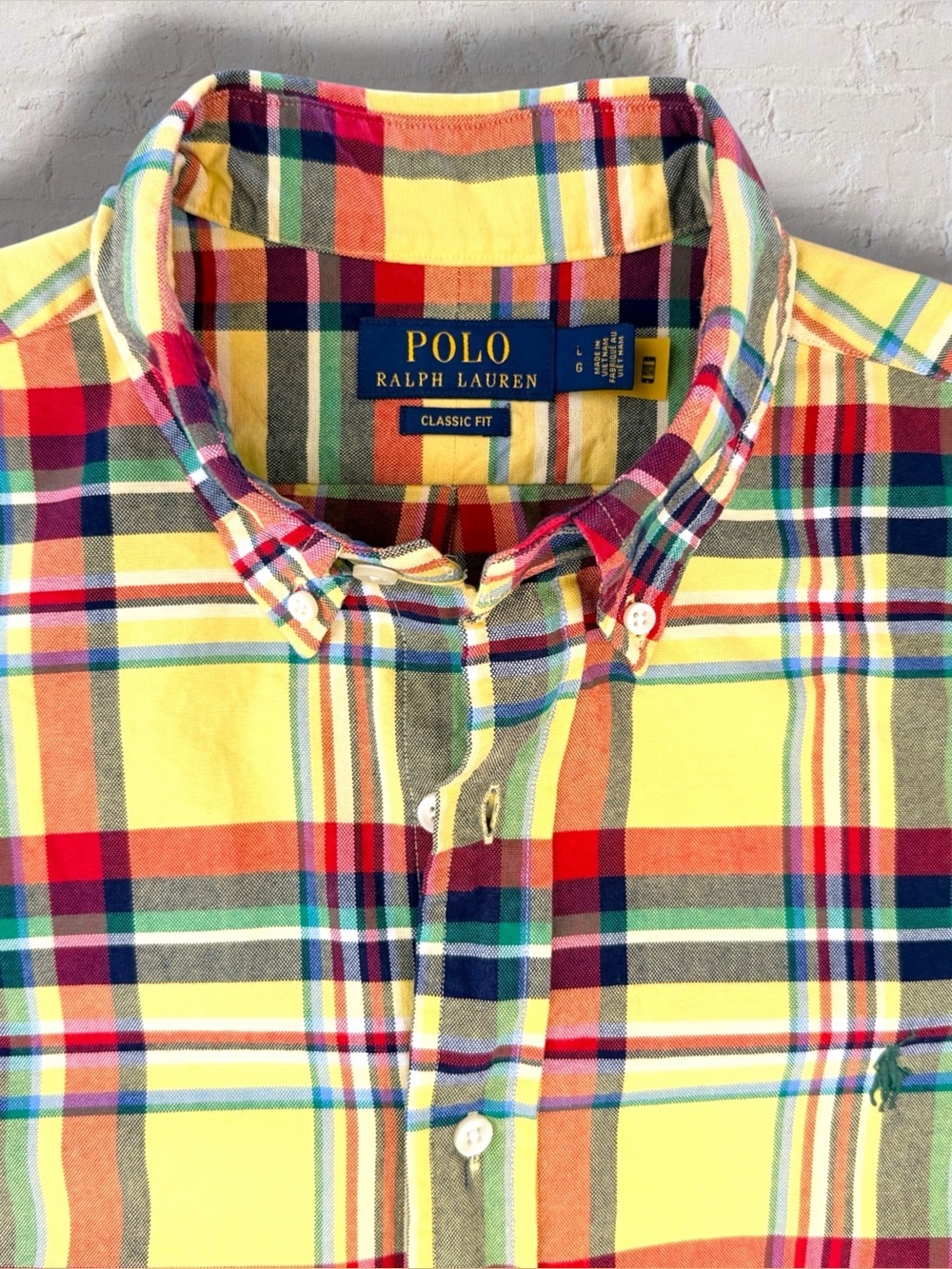 Polo Ralph Lauren Plaid Oxford Shirt Short Sleeve Yellow Madras Classic Fit L